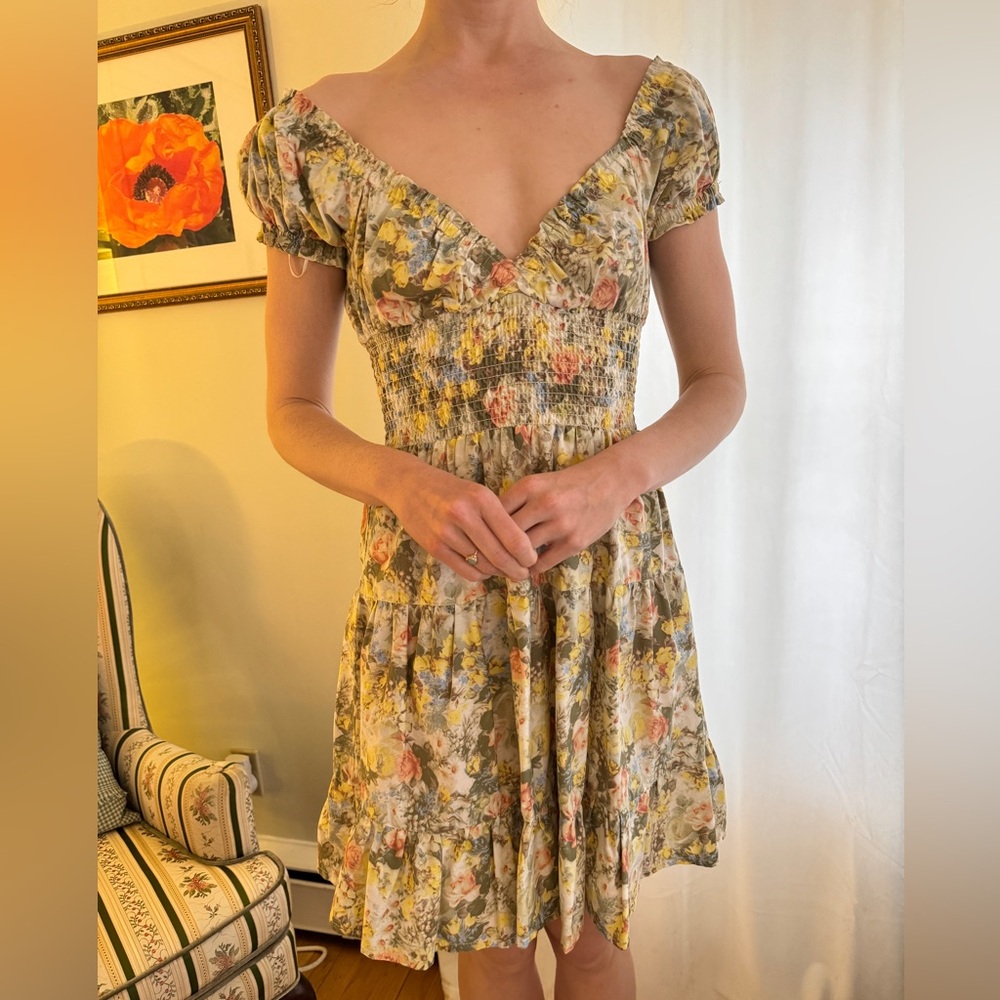 Daniel Bernstein Cotton Mini Dress, Green, Peach, Cream, Yellow, S
